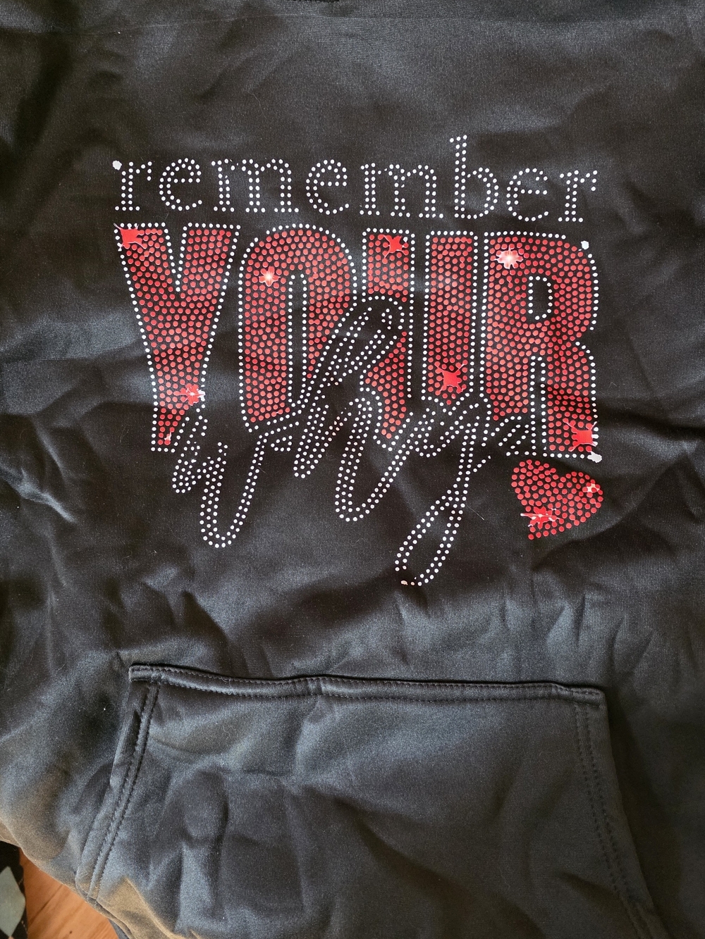Black Hoodie with Red Rhinestone "Remember Your Wings" Design